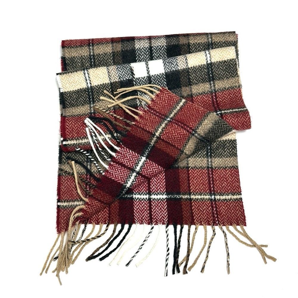 Geoffrey Beene Plaid Wool Scarf Red Gray Beige Made in Italy Vintage Unisex